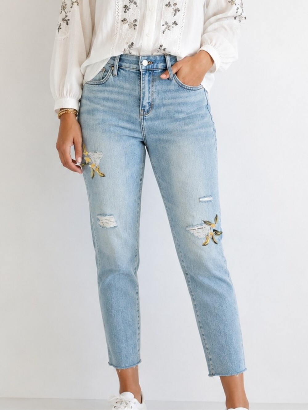 WHBM Embroidered Deconstructed Jeans Mid-rise